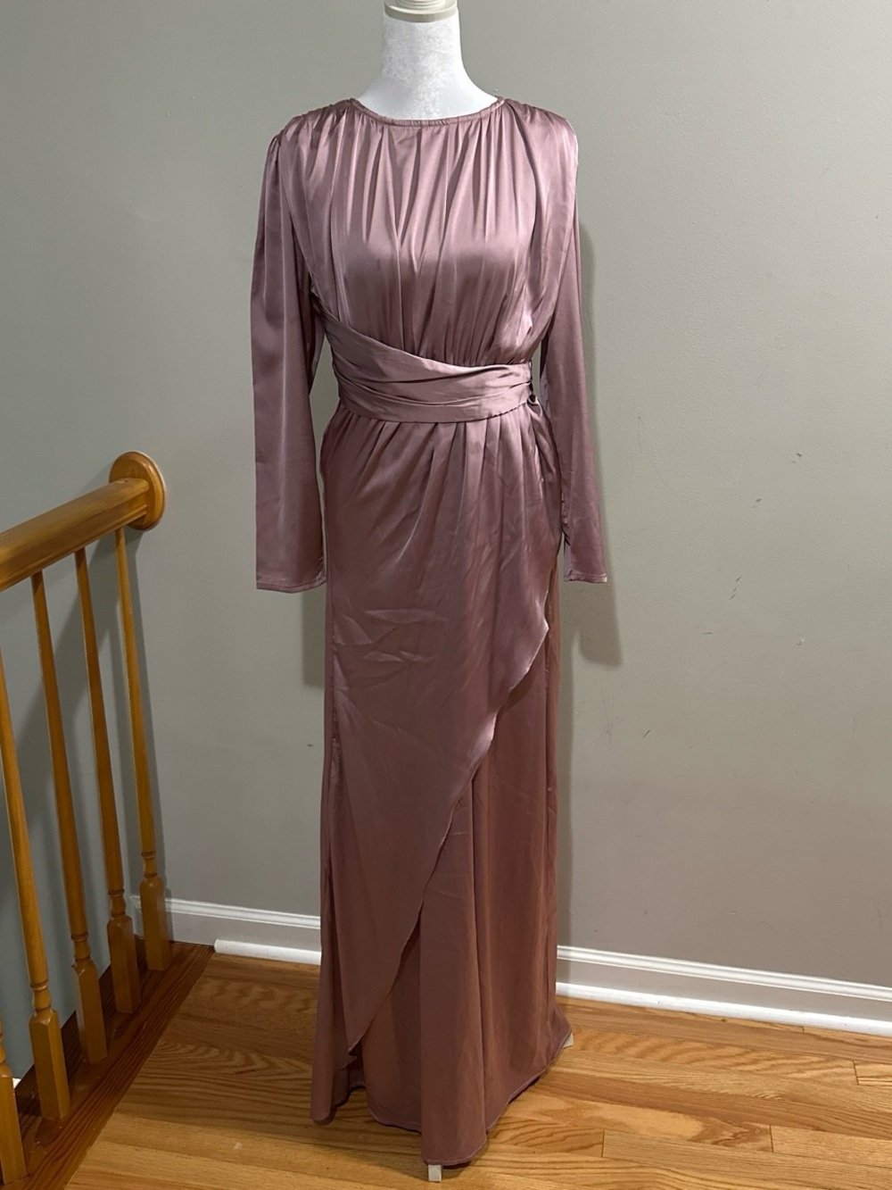 LaMeera Moda Elegant Mauve Satin Long-Sleeve Wrap Dress